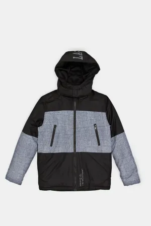 Senior Boys Black And Grey Hooded Casual Jacket